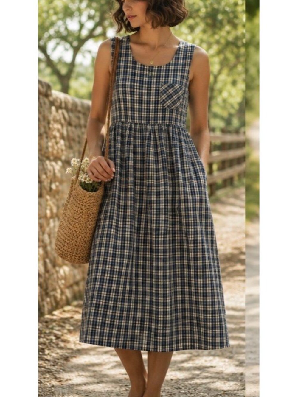 VTG Women Blue Gingham Plaid Dress MEDIUM Cottagecore Country Teacher Bohochic